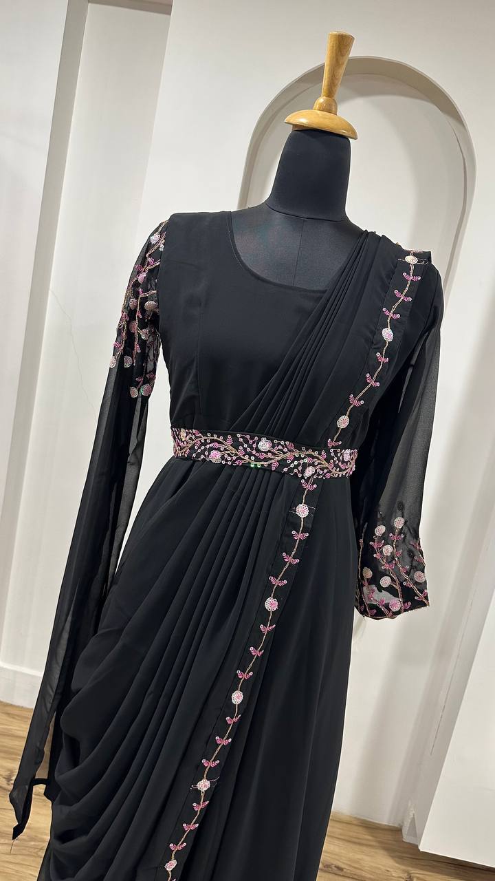 Black Midnight Georgette Gown with Sequins & Dori Work Secondary image