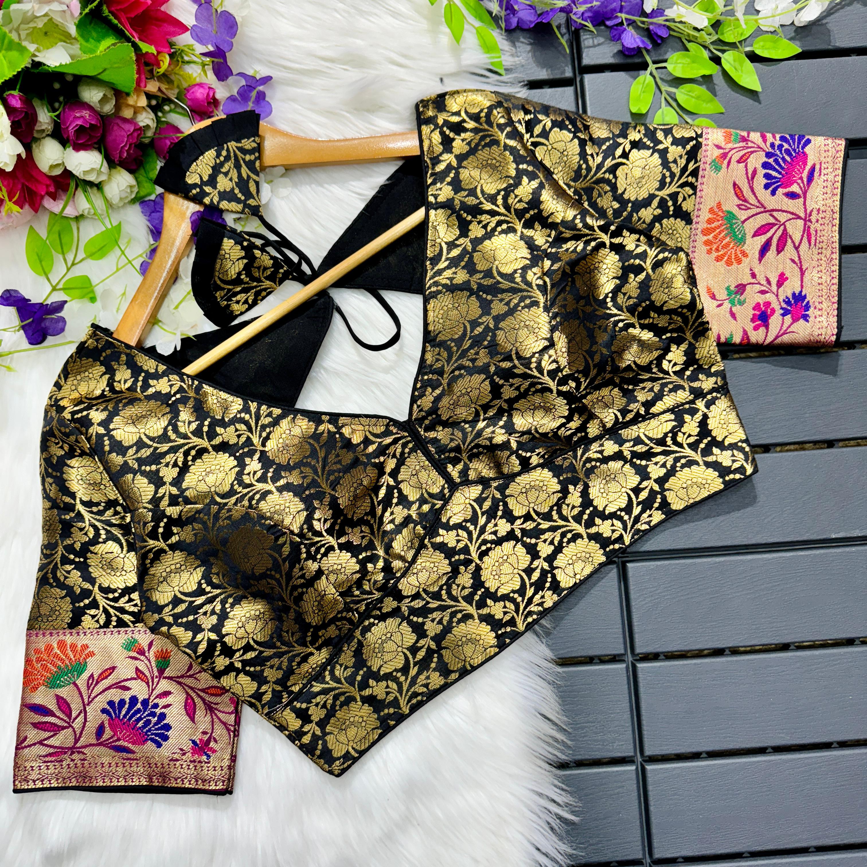 Black Multi Meena Work Pure Paithani Blouse ClothsVilla Main image