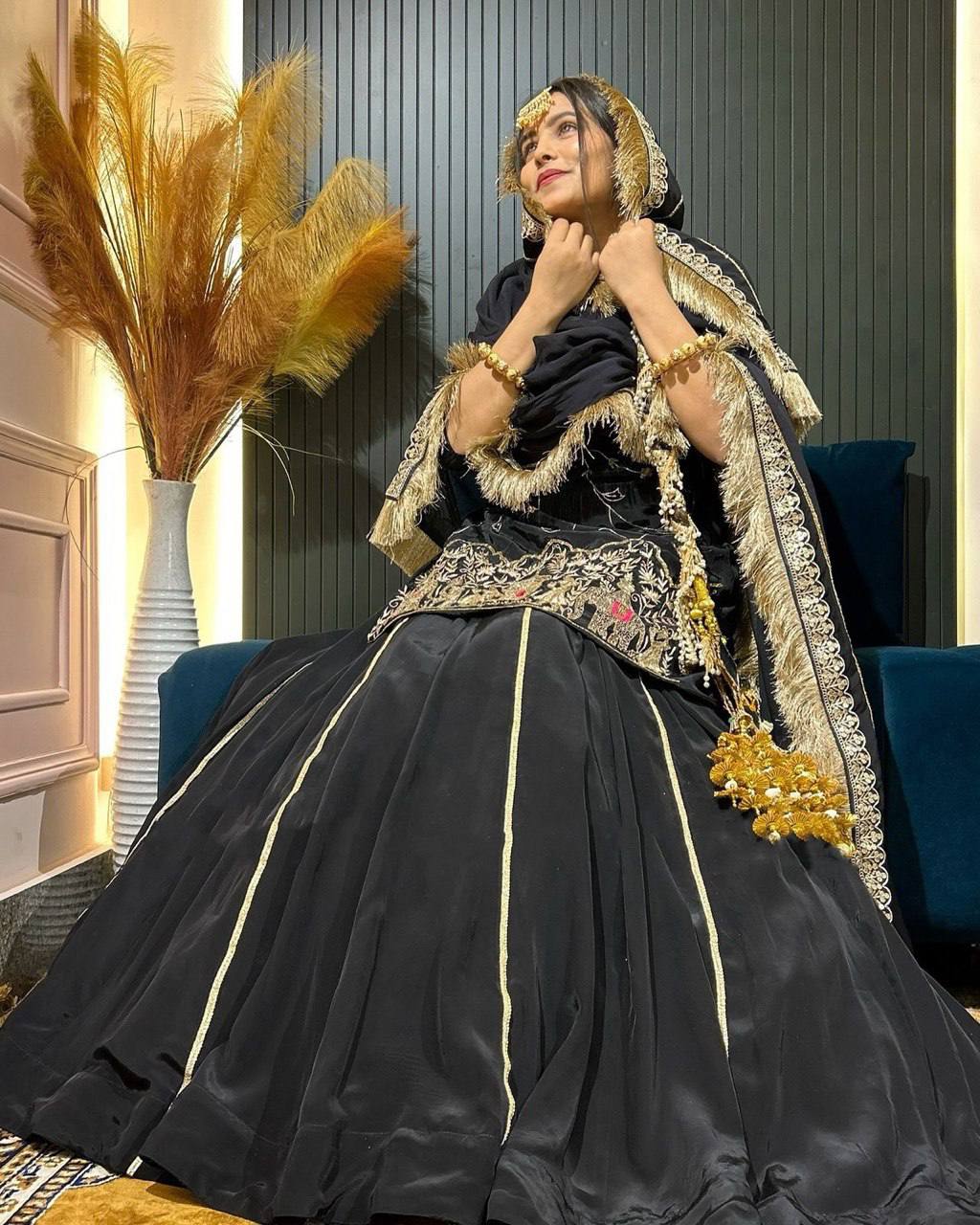 Black Natural Crepe Silk Lehenga Set with Bead & Sequin Detailing ClothsVilla