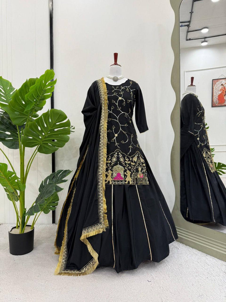 Black Natural Crepe Silk Lehenga Set with Bead & Sequin Detailing ClothsVilla
