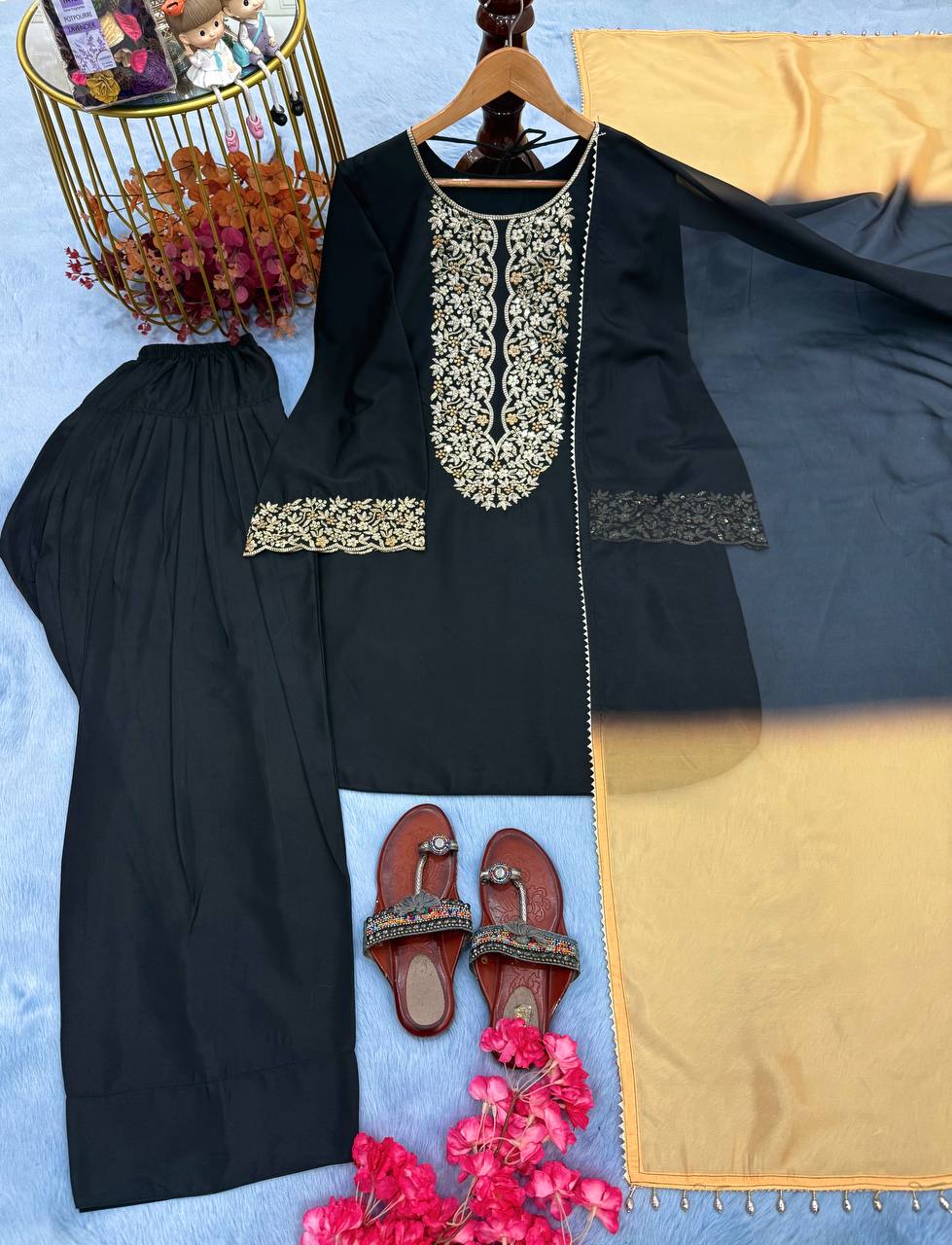 Black Natural Satin Embroidered Palazzo Set with Printed Organza Dupatta ClothsVilla