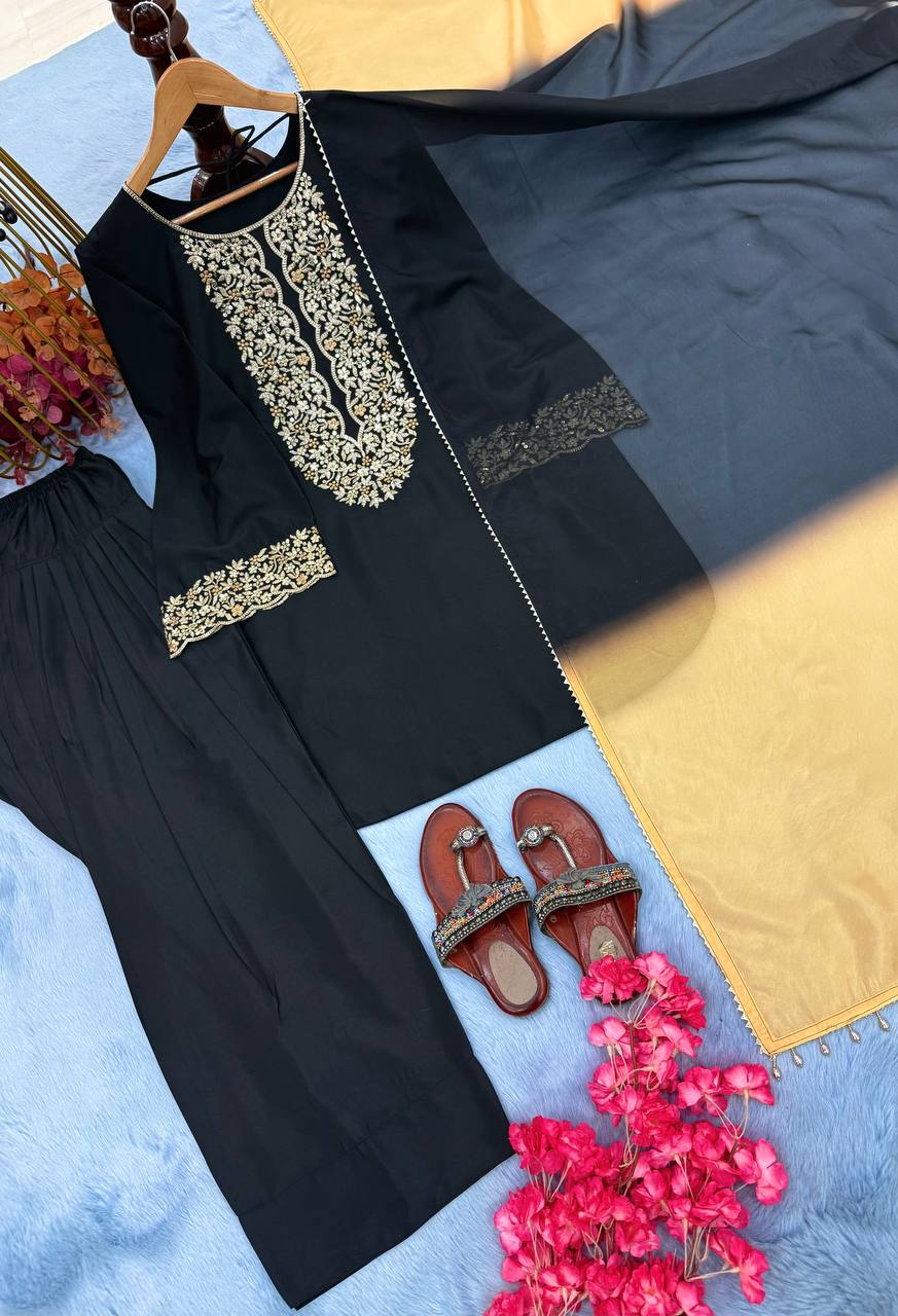 Black Natural Satin Embroidered Palazzo Set with Printed Organza Dupatta ClothsVilla