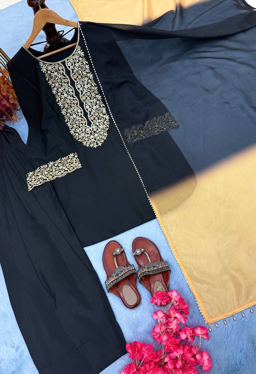 Black Natural Satin Embroidered Palazzo Set with Printed Organza Dupatta ClothsVilla