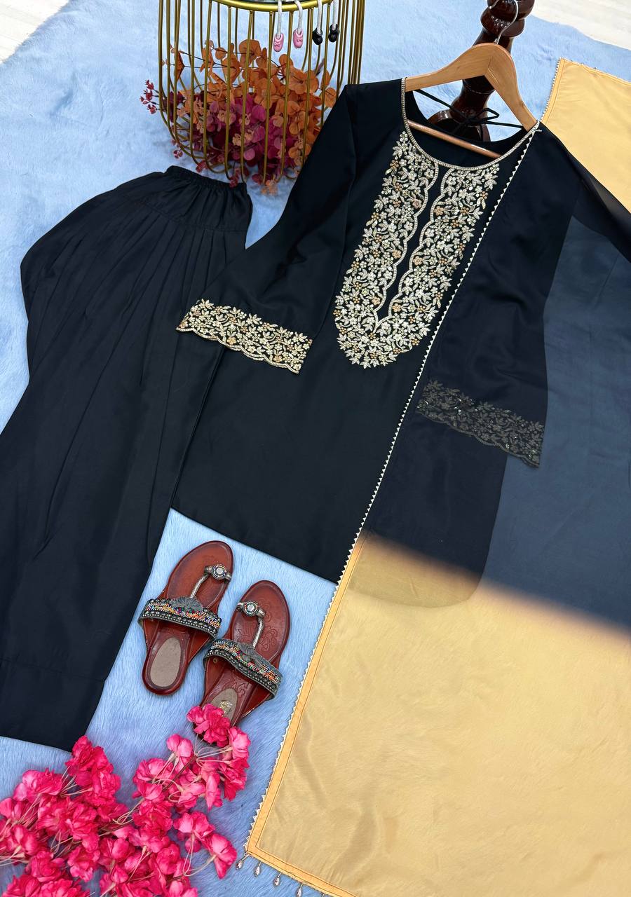 Black Natural Satin Embroidered Palazzo Set with Printed Organza Dupatta ClothsVilla