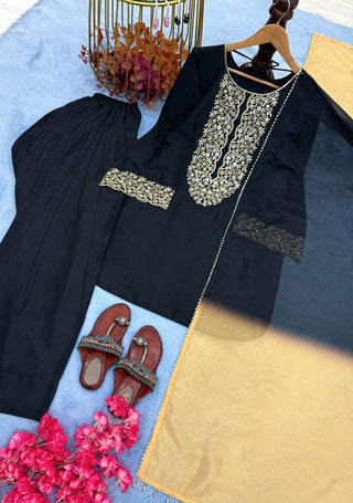 Black Natural Satin Embroidered Palazzo Set with Printed Organza Dupatta ClothsVilla