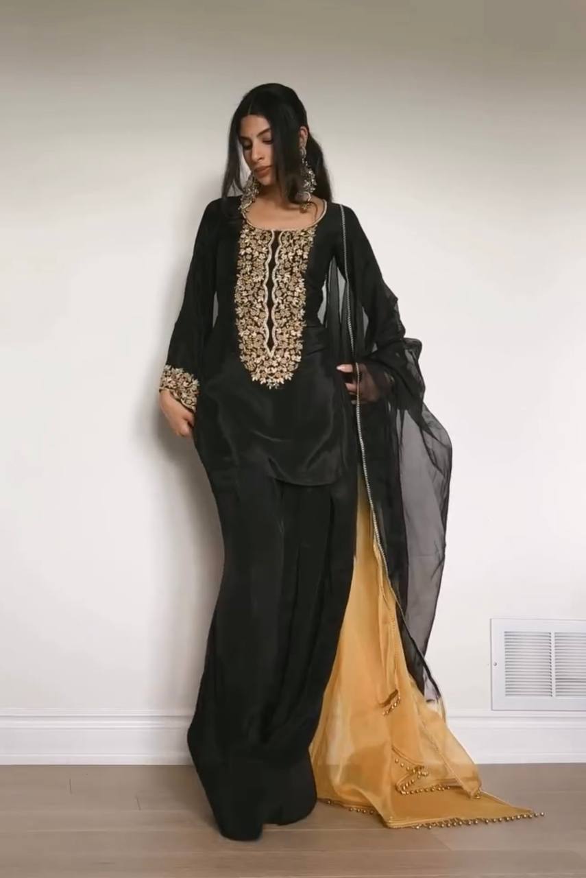Black Natural Satin Embroidered Palazzo Set with Printed Organza Dupatta ClothsVilla Main image