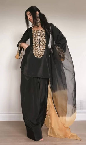 Black Natural Satin Embroidered Palazzo Set with Printed Organza Dupatta ClothsVilla