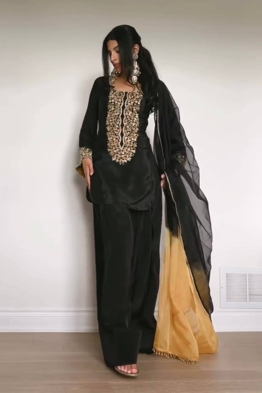 Black Natural Satin Embroidered Palazzo Set with Printed Organza Dupatta ClothsVilla