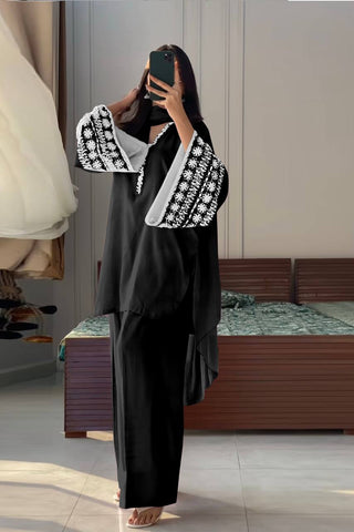 Black Natural Satin Embroidered Suit Set with Farshi Plazzo & Lace Border Dupatta ClothsVilla