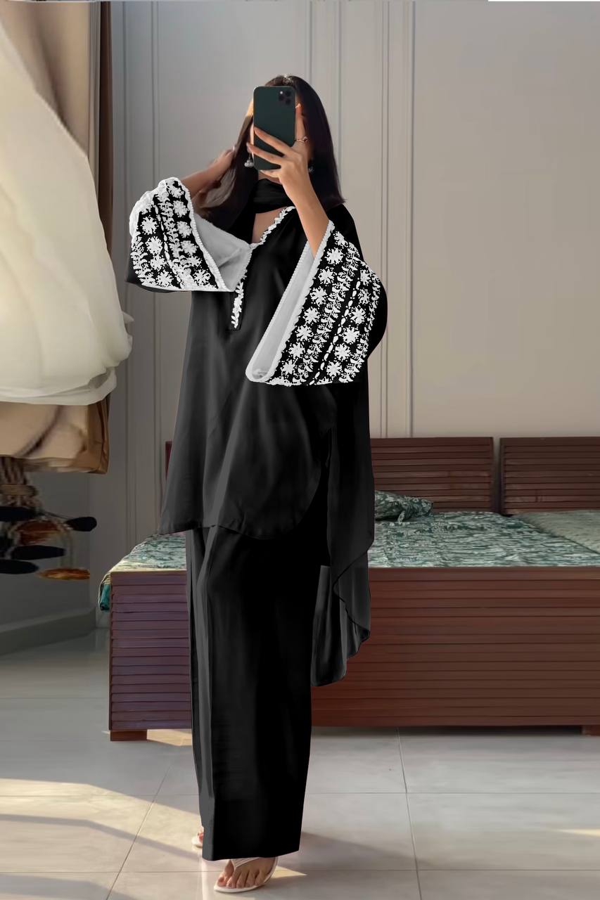 Black Natural Satin Embroidered Suit Set with Farshi Plazzo & Lace Border Dupatta ClothsVilla