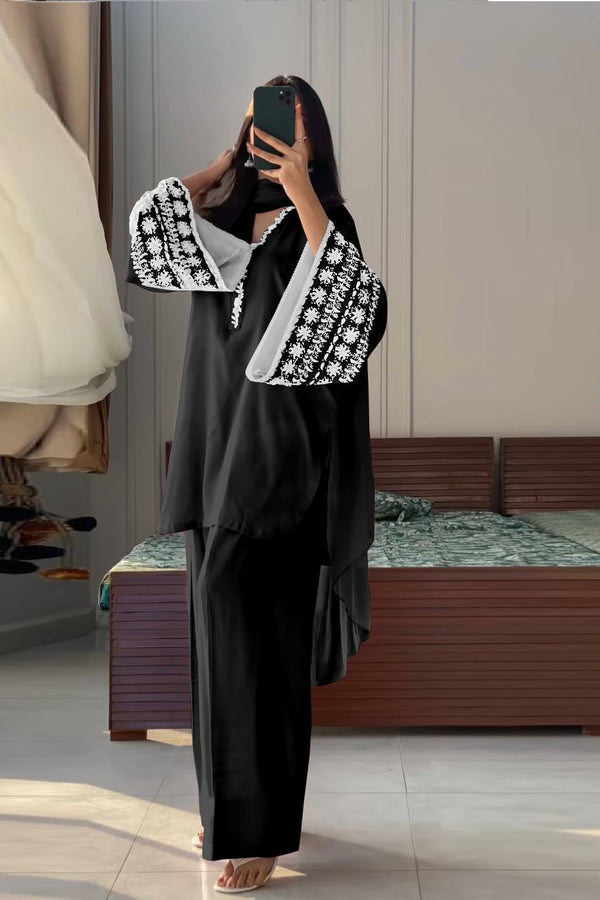 Black Natural Satin Embroidered Suit Set with Farshi Plazzo & Lace Border Dupatta ClothsVilla