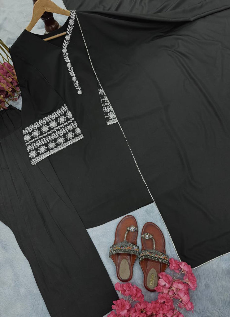 Black Natural Satin Embroidered Suit Set with Farshi Plazzo & Lace Border Dupatta ClothsVilla
