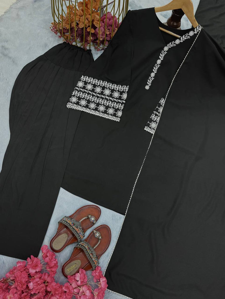 Black Natural Satin Embroidered Suit Set with Farshi Plazzo & Lace Border Dupatta ClothsVilla