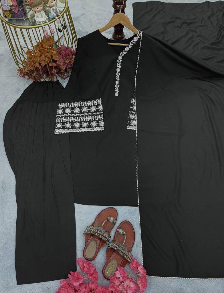 Black Natural Satin Embroidered Suit Set with Farshi Plazzo & Lace Border Dupatta ClothsVilla