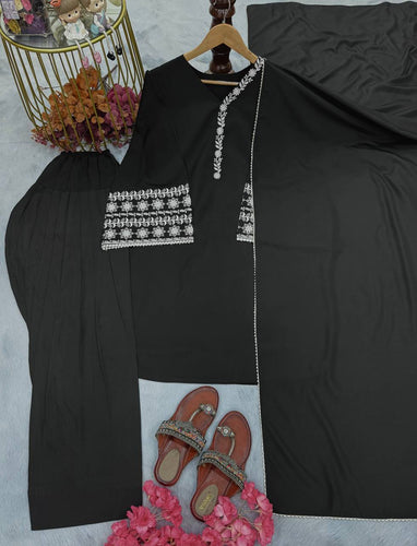 Black Natural Satin Embroidered Suit Set with Farshi Plazzo & Lace Border Dupatta ClothsVilla