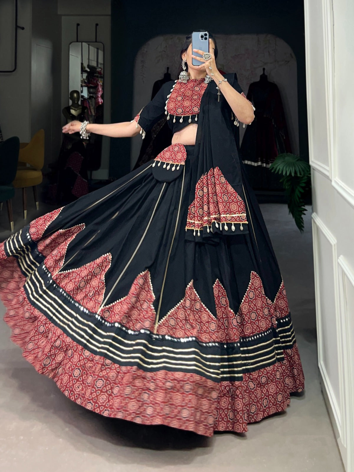 Black Navratri Lehenga Choli with Printed and Gota Patti Embellishments ClothsVilla