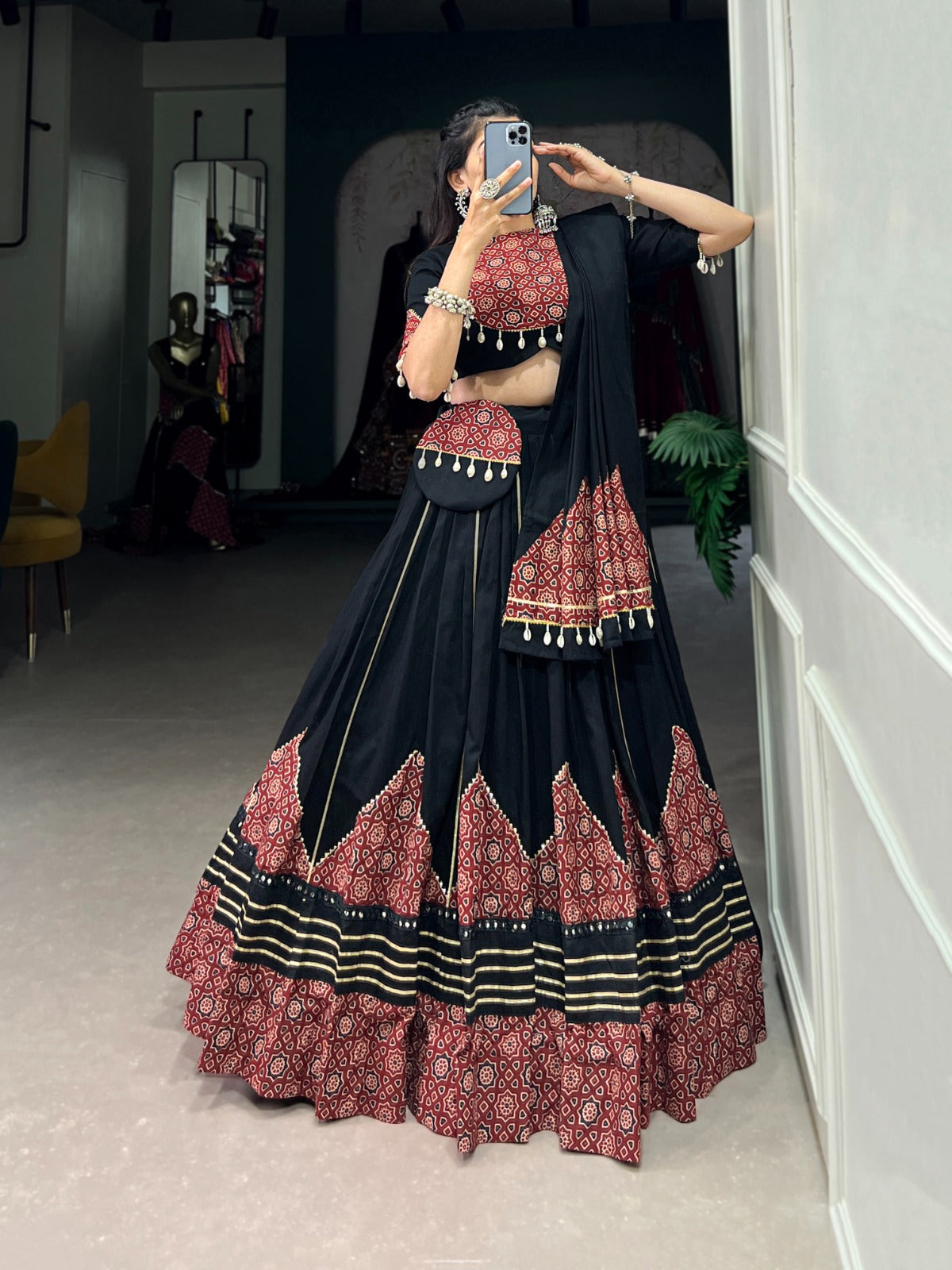 Black Navratri Lehenga Choli with Printed and Gota Patti Embellishments ClothsVilla