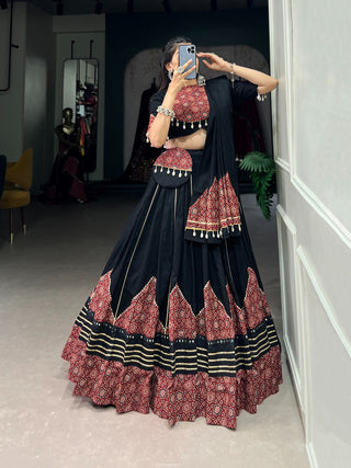 Black Navratri Lehenga Choli with Printed and Gota Patti Embellishments ClothsVilla