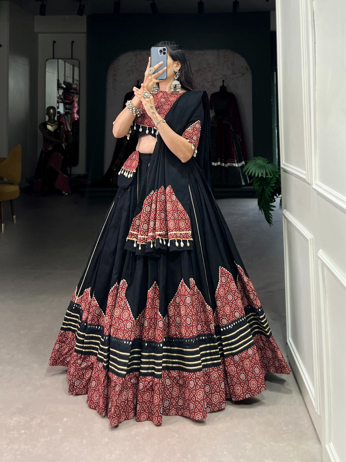 Black Navratri Lehenga Choli with Printed and Gota Patti Embellishments ClothsVilla