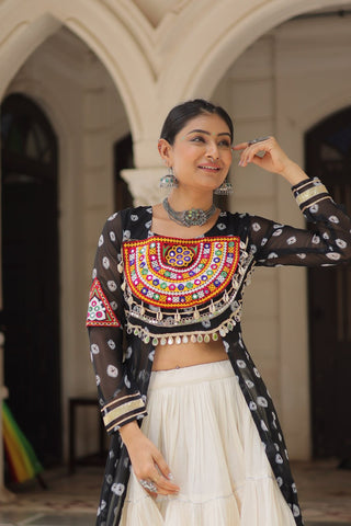 Black Navratri Special Bandhani Kurti with Kora Cotton Frill Lehenga Set – Full Stitched ClothsVilla