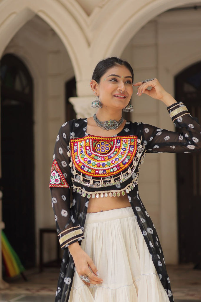 Black Navratri Special Bandhani Kurti with Kora Cotton Frill Lehenga Set – Full Stitched ClothsVilla