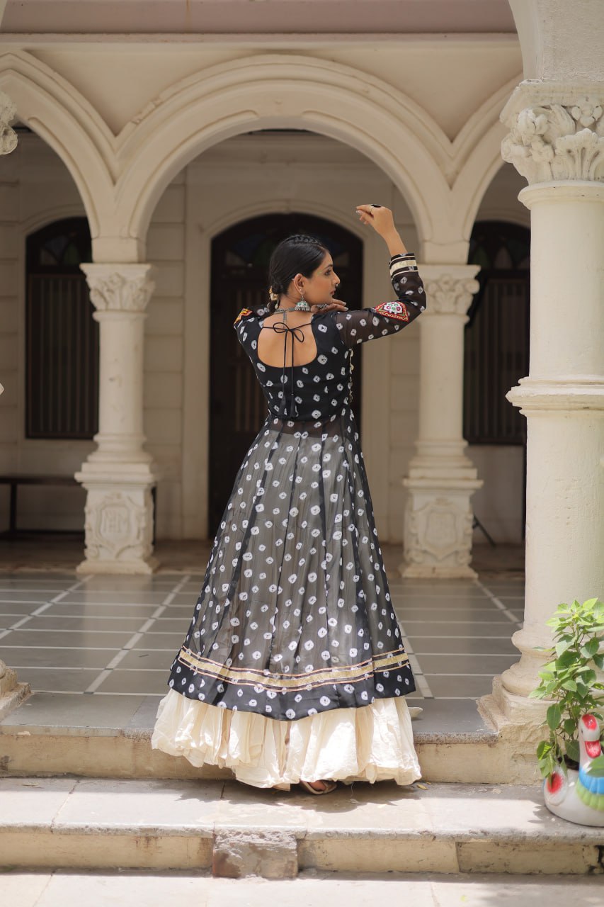 Black Navratri Special Bandhani Kurti with Kora Cotton Frill Lehenga Set – Full Stitched ClothsVilla