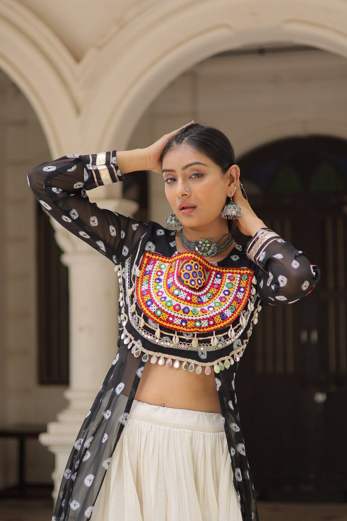 Black Navratri Special Bandhani Kurti with Kora Cotton Frill Lehenga Set – Full Stitched ClothsVilla