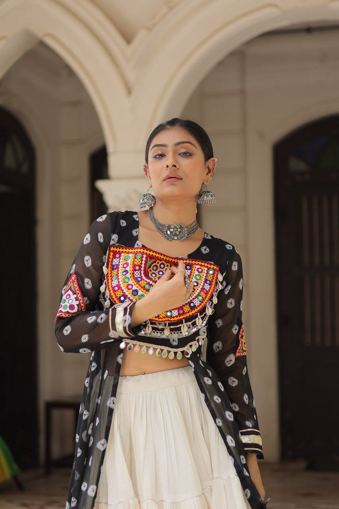 Black Navratri Special Bandhani Kurti with Kora Cotton Frill Lehenga Set – Full Stitched ClothsVilla