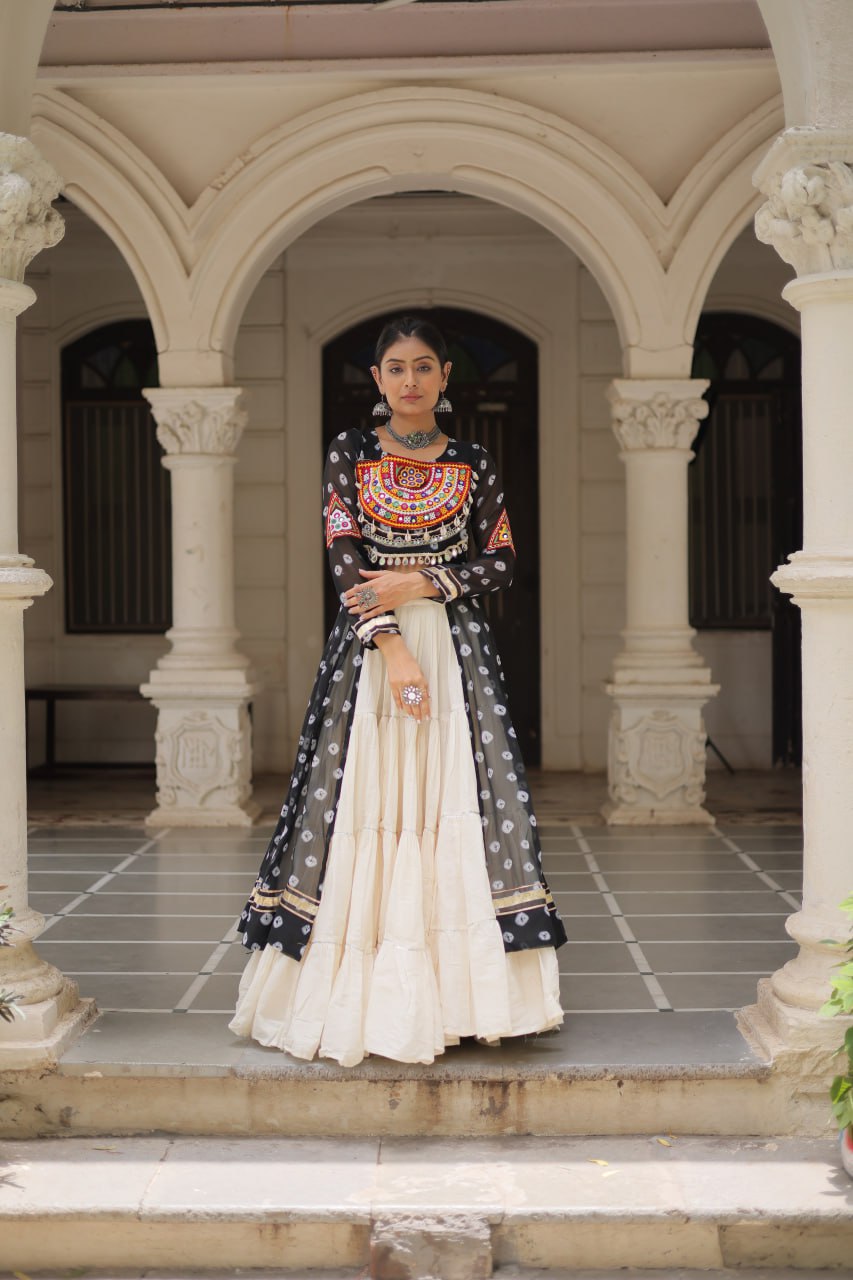 Black Navratri Special Bandhani Kurti with Kora Cotton Frill Lehenga Set – Full Stitched ClothsVilla