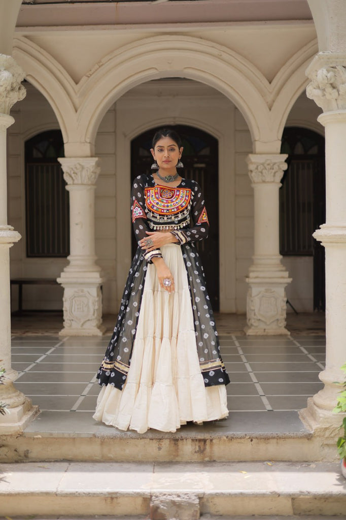 Black Navratri Special Bandhani Kurti with Kora Cotton Frill Lehenga Set – Full Stitched ClothsVilla
