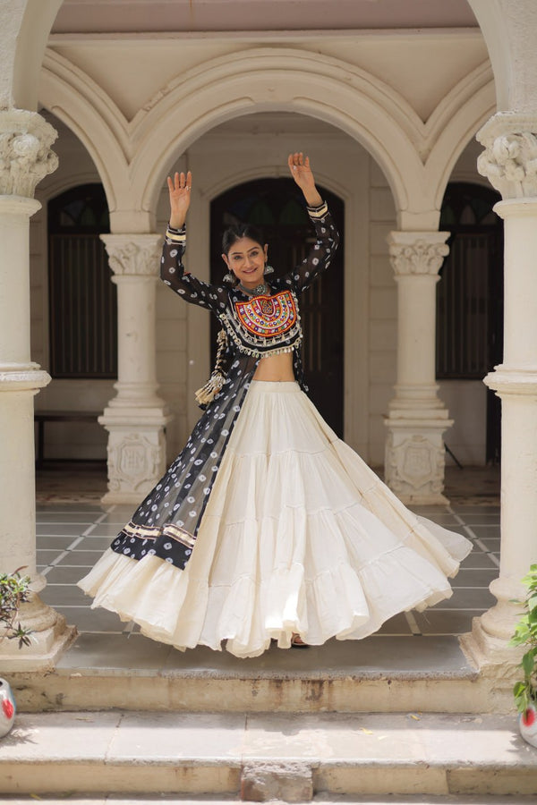 Black Navratri Special Bandhani Kurti with Kora Cotton Frill Lehenga Set – Full Stitched ClothsVilla
