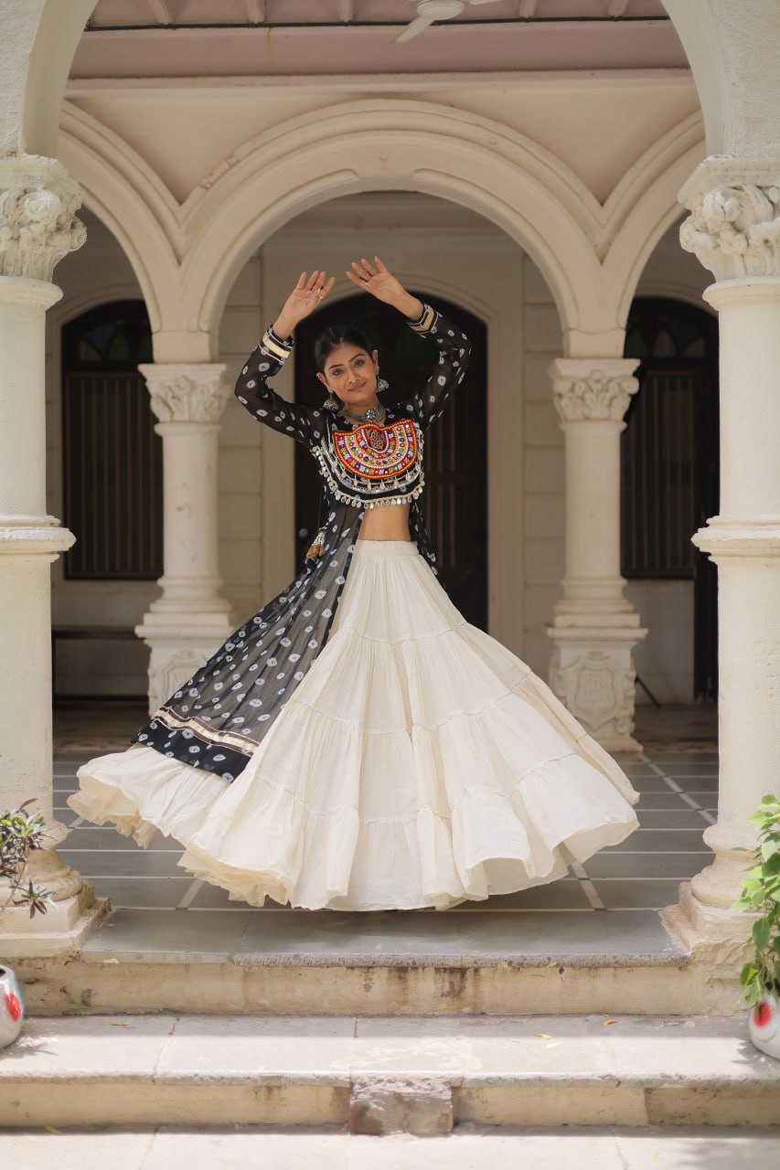 Black Navratri Special Bandhani Kurti with Kora Cotton Frill Lehenga Set – Full Stitched ClothsVilla