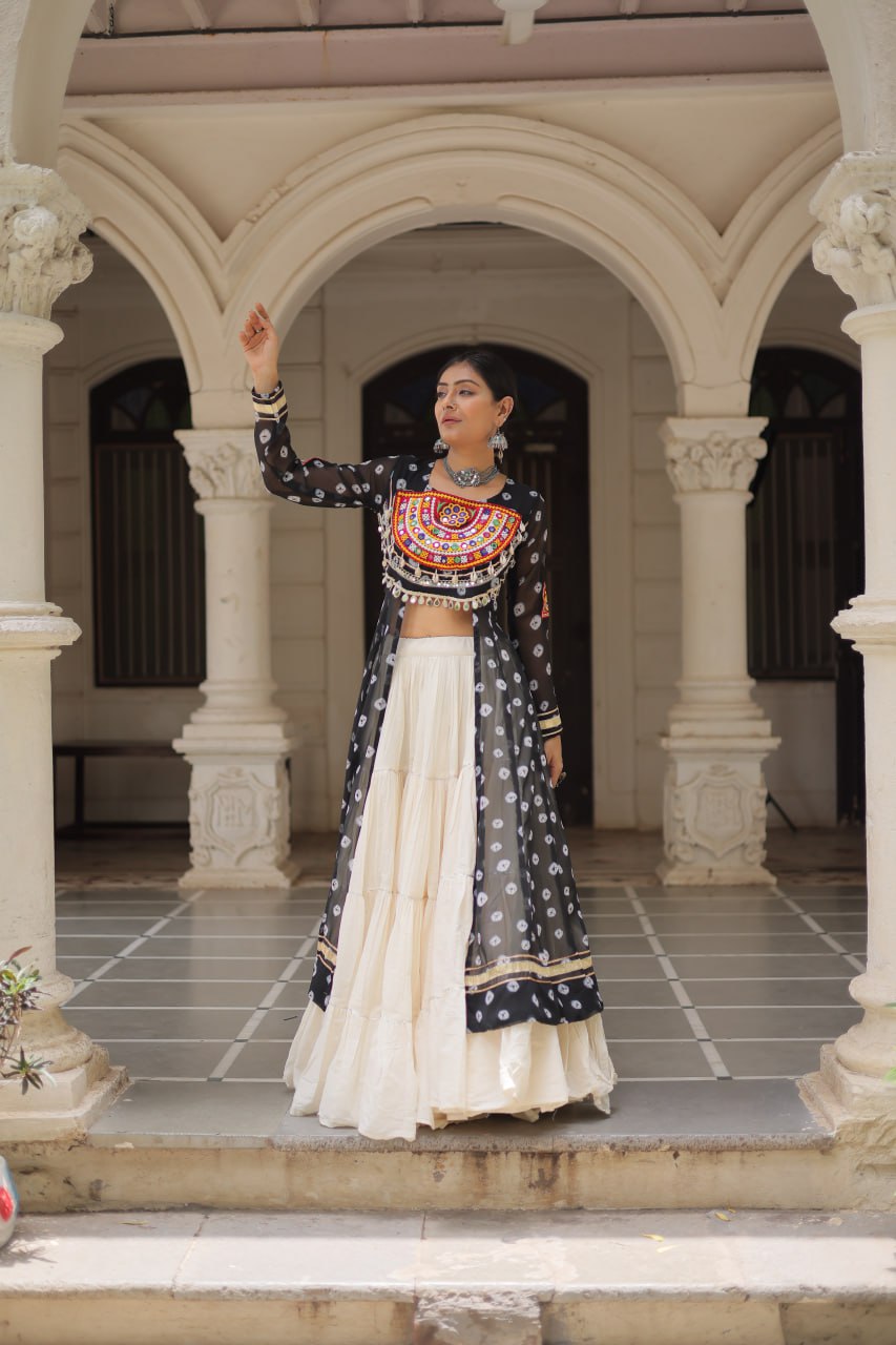 Black Navratri Special Bandhani Kurti with Kora Cotton Frill Lehenga Set – Full Stitched ClothsVilla