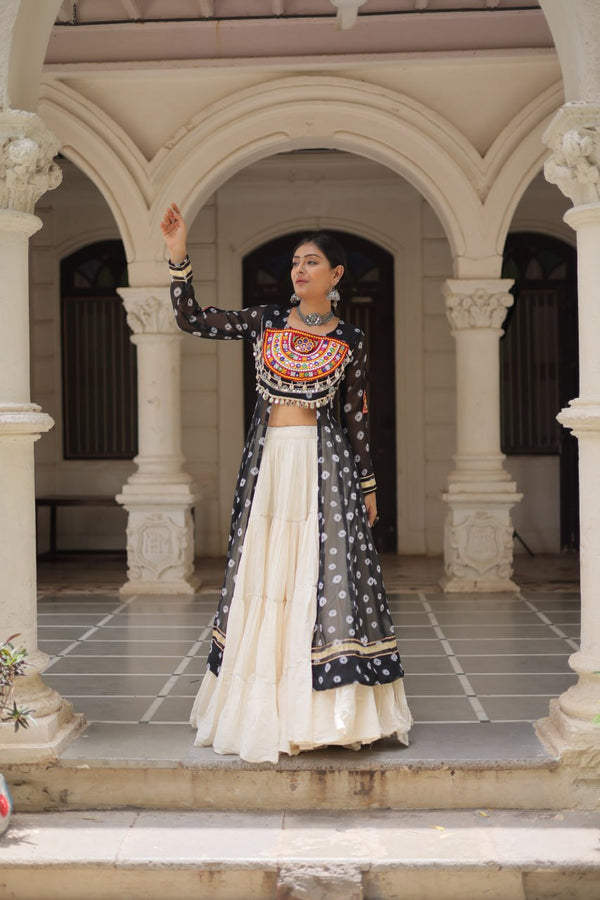Black Navratri Special Bandhani Kurti with Kora Cotton Frill Lehenga Set – Full Stitched ClothsVilla