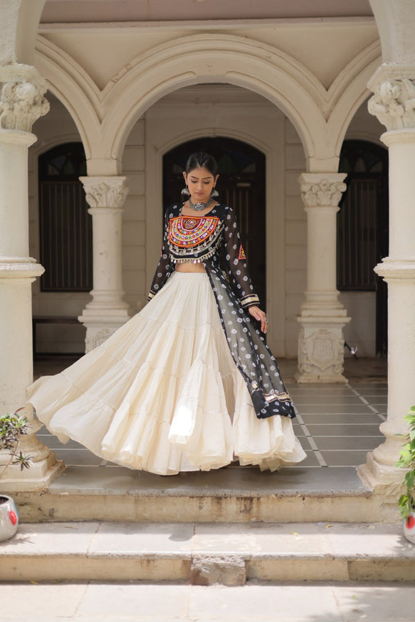 Black Navratri Special Bandhani Kurti with Kora Cotton Frill Lehenga Set – Full Stitched ClothsVilla