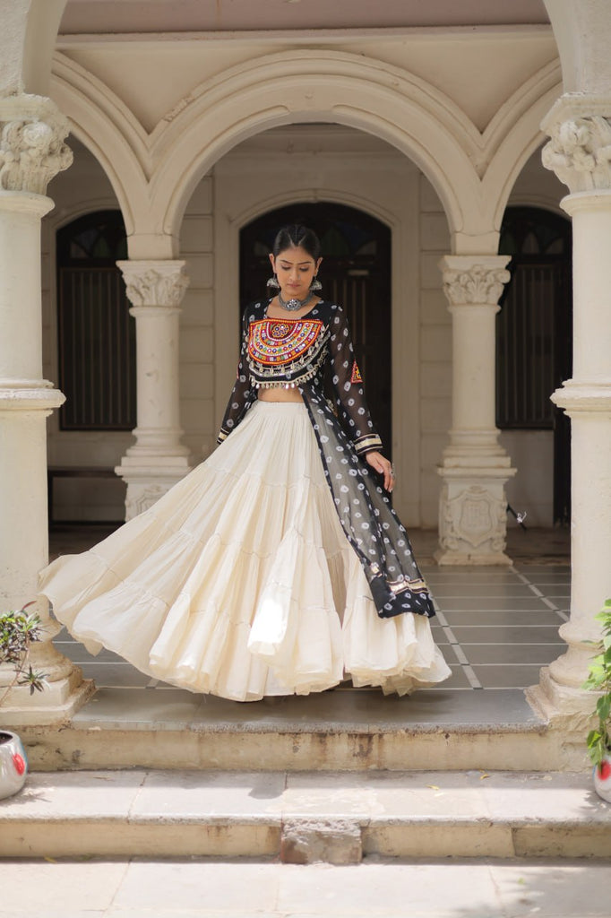 Black Navratri Special Bandhani Kurti with Kora Cotton Frill Lehenga Set – Full Stitched ClothsVilla