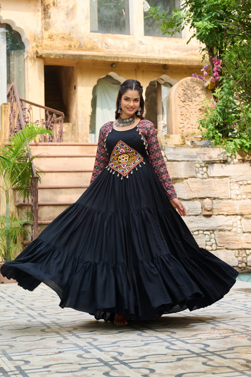 Black Navratri Special Gown with Kutchi Gamthi Embroidery – 3 Layer Frill & 12 Meter Flair ClothsVilla