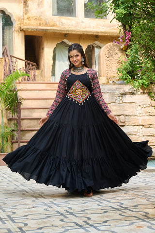 Black Navratri Special Gown with Kutchi Gamthi Embroidery – 3 Layer Frill & 12 Meter Flair ClothsVilla