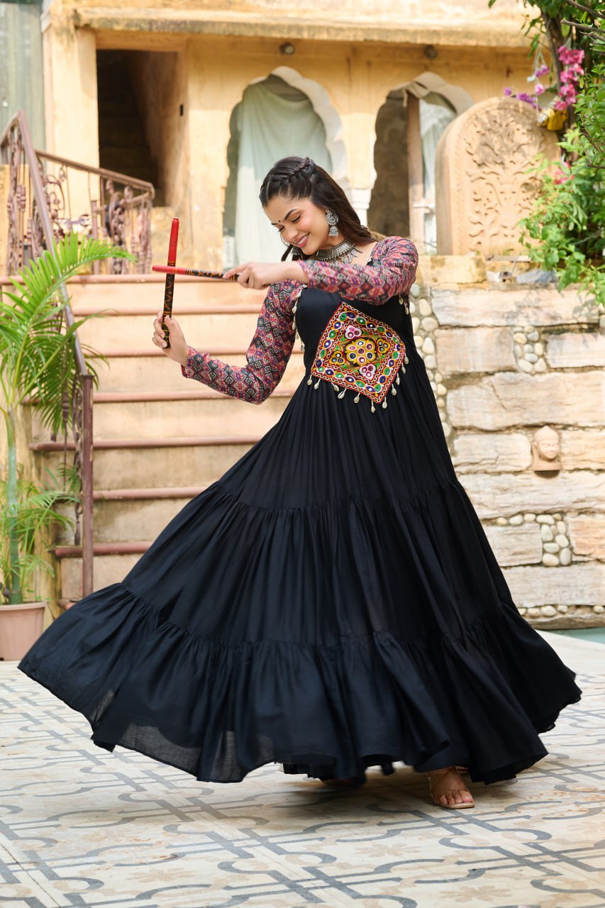 Black Navratri Special Gown with Kutchi Gamthi Embroidery – 3 Layer Frill & 12 Meter Flair ClothsVilla