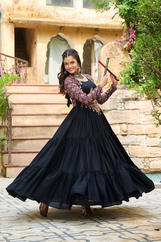 Black Navratri Special Gown with Kutchi Gamthi Embroidery – 3 Layer Frill & 12 Meter Flair ClothsVilla