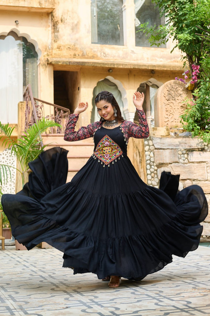 Black Navratri Special Gown with Kutchi Gamthi Embroidery – 3 Layer Frill & 12 Meter Flair ClothsVilla