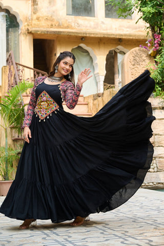 Black Navratri Special Gown with Kutchi Gamthi Embroidery – 3 Layer Frill & 12 Meter Flair ClothsVilla