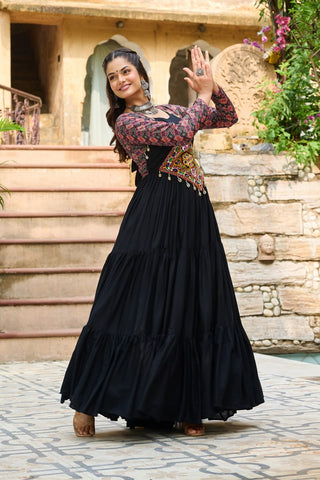 Black Navratri Special Gown with Kutchi Gamthi Embroidery – 3 Layer Frill & 12 Meter Flair ClothsVilla