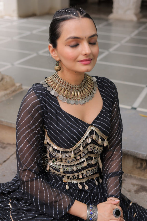 Black Navratri Special Leheriya Print Lehenga Choli with 12 Mtr Flair & Mirror Lace Work ClothsVilla
