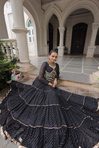 Black Navratri Special Leheriya Print Lehenga Choli with 12 Mtr Flair & Mirror Lace Work ClothsVilla
