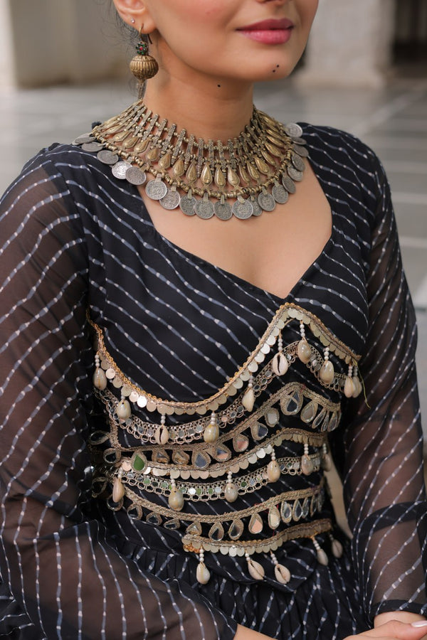 Black Navratri Special Leheriya Print Lehenga Choli with 12 Mtr Flair & Mirror Lace Work ClothsVilla