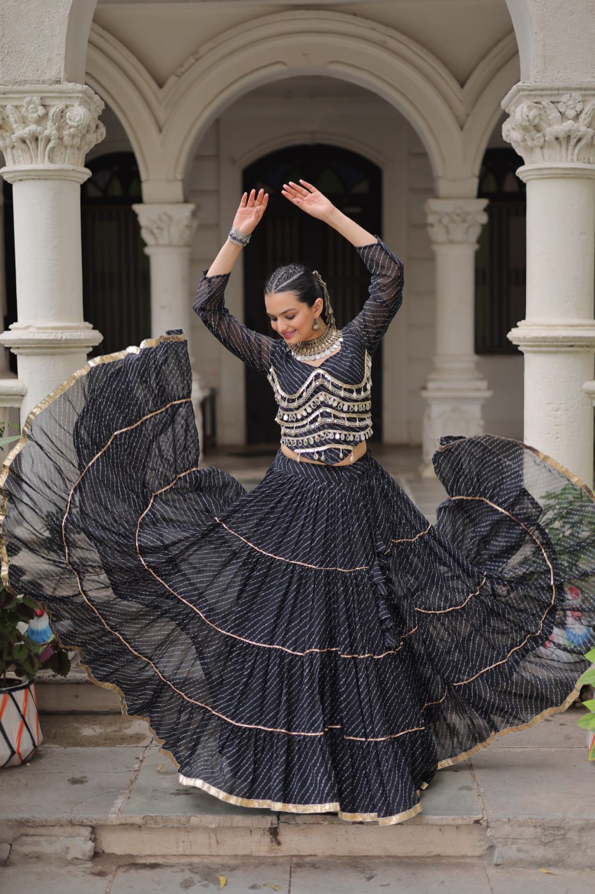 Black Navratri Special Leheriya Print Lehenga Choli with 12 Mtr Flair & Mirror Lace Work ClothsVilla