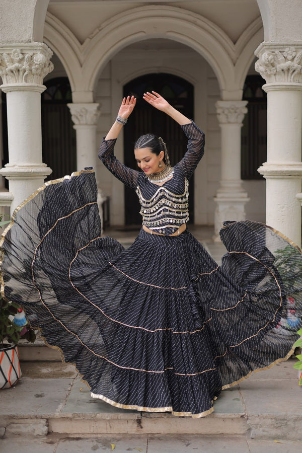 Black Navratri Special Leheriya Print Lehenga Choli with 12 Mtr Flair & Mirror Lace Work ClothsVilla
