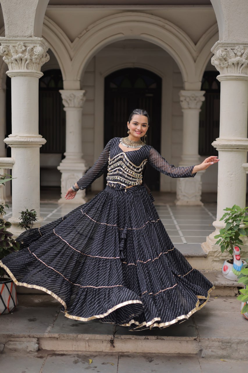 Black Navratri Special Leheriya Print Lehenga Choli with 12 Mtr Flair & Mirror Lace Work ClothsVilla