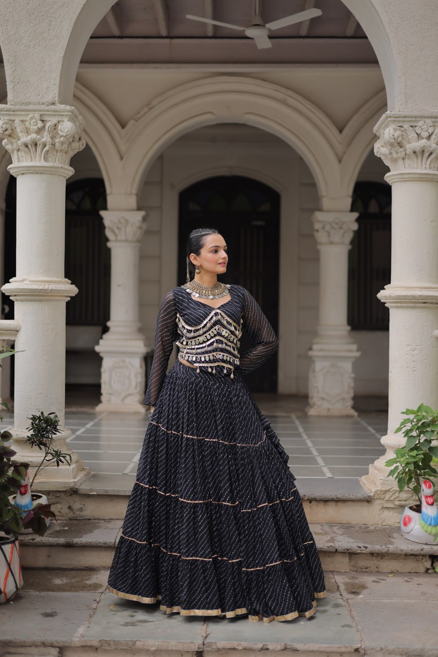 Black Navratri Special Leheriya Print Lehenga Choli with 12 Mtr Flair & Mirror Lace Work ClothsVilla